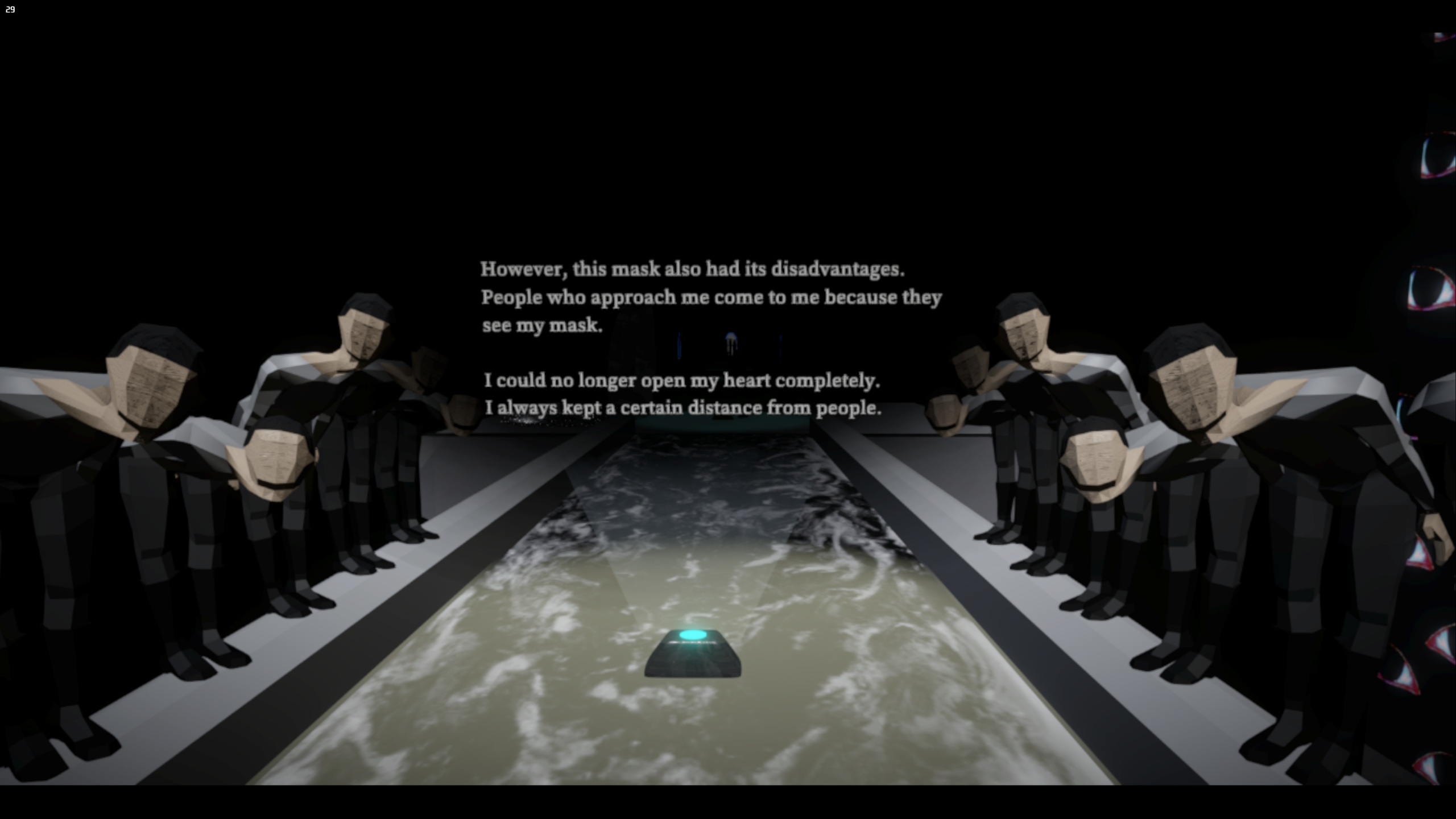 Screenshot with multiple people standing on the left and right side of a path. The people are looking into the direction of the player. Above the path in the middle is a text saying "However, this mask also had it's disadvantages. People who approach me come to me because they see my task. I could no longer open my heart completely. I always kept a certain distance from people."