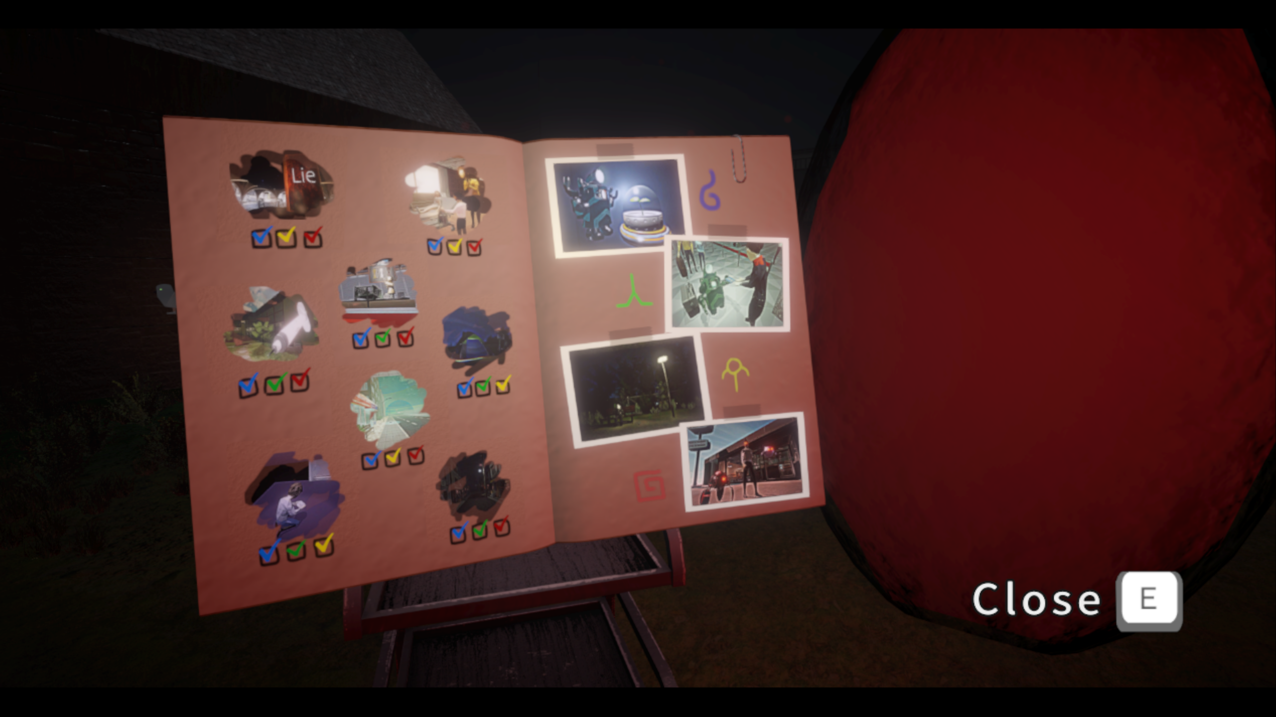 Screenshot of an opened book. On the left side are visuals of the 8 questions that will be asked throughout the game and a mark below of the 3 replies you can take. On the right side are pictures of the four possible endings.