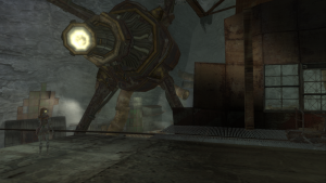 A view of the underground area. A rusty robotic like character is standing on metalic ground. In the backround is a huge machine consisting of metal, wires and a bright tube-like eye