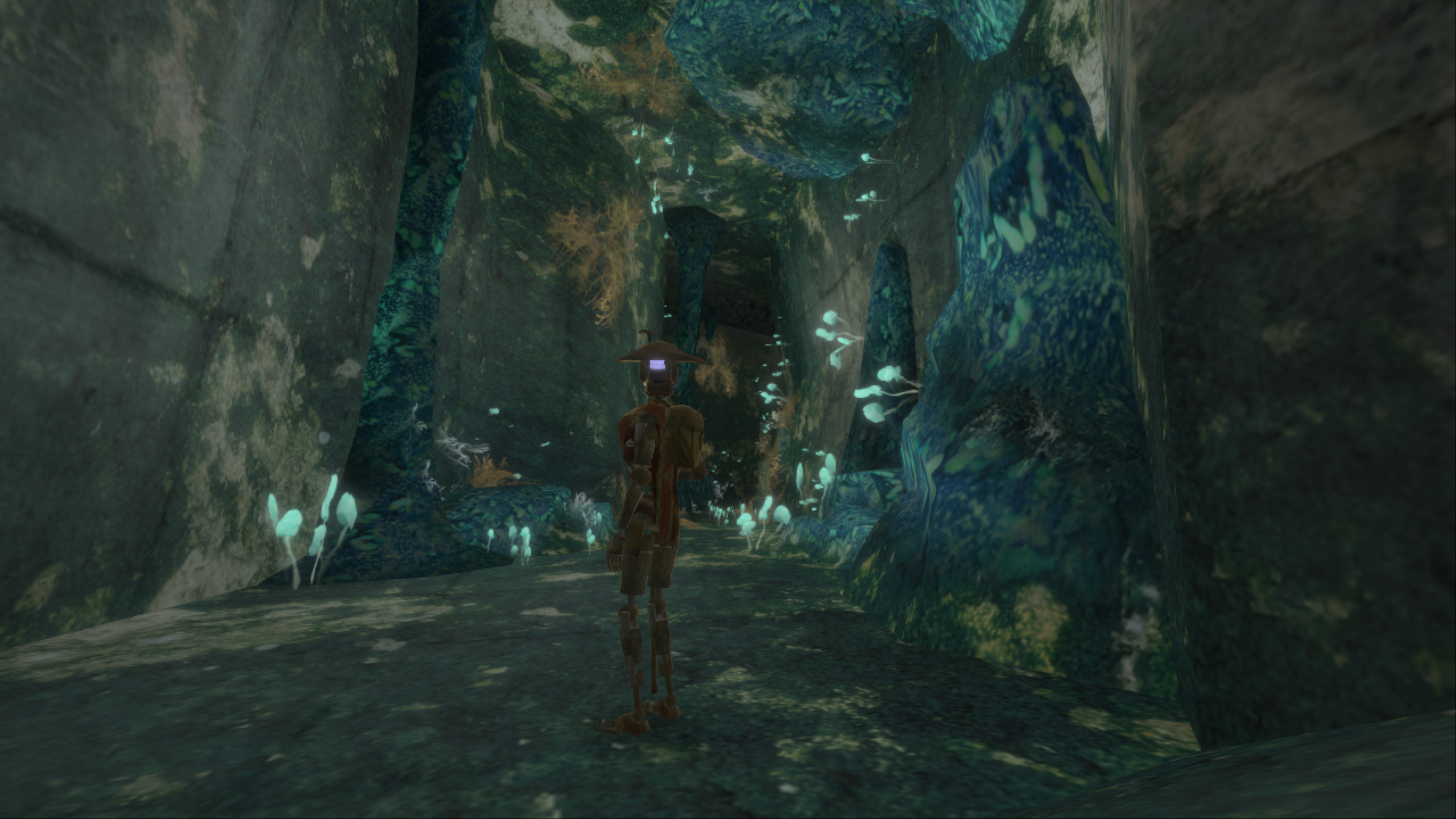 The rusty robot-like player character is looking at a blue colored grotto. Blue glowing mushrooms are visible.