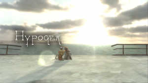 Two rusty robot-like characters are sitting at a concrete shore while looking at the bright sun over the blue sea. The title Hypogea is visible on the left side.