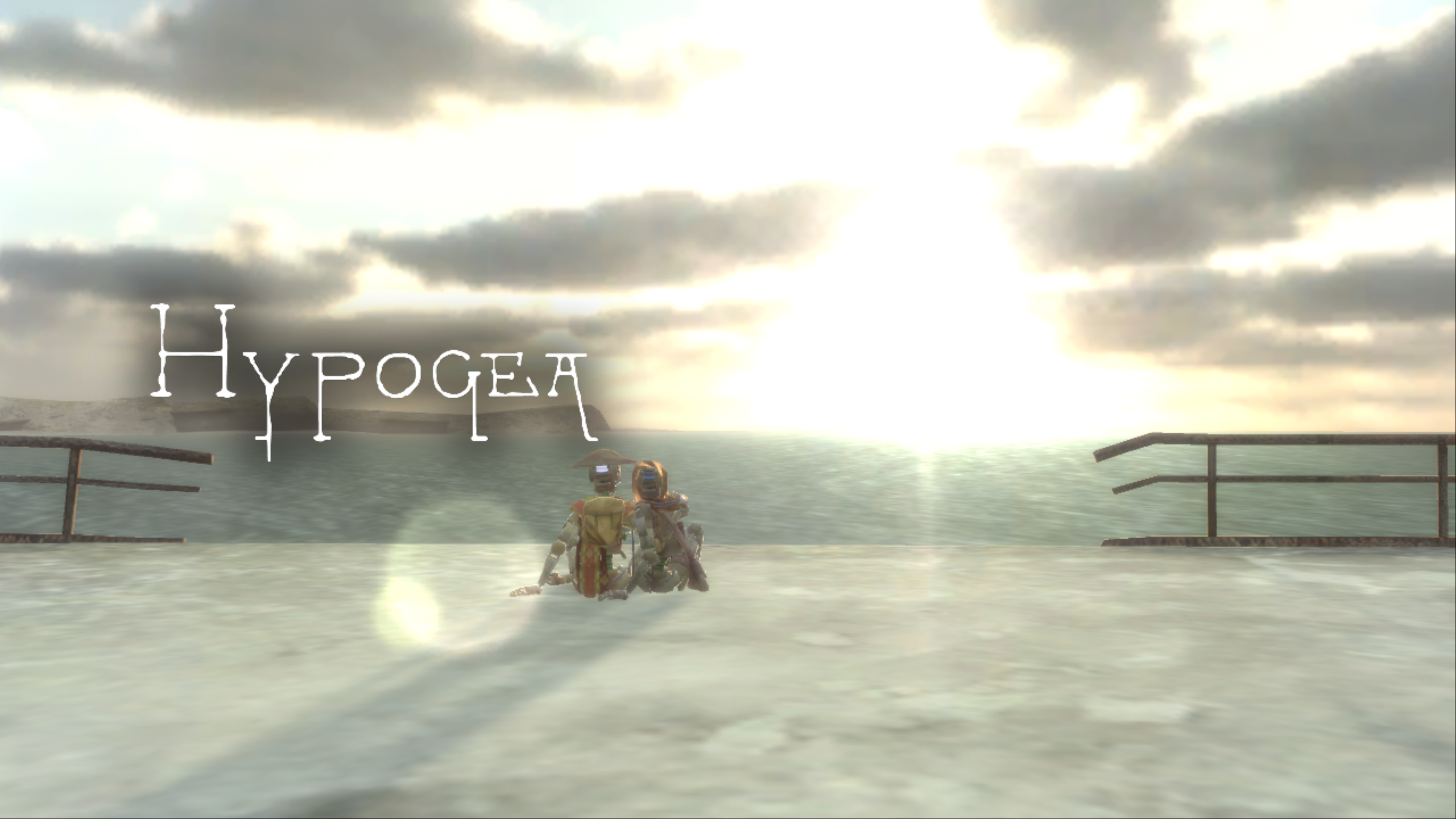Two rusty robot-like characters are sitting at a concrete shore while looking at the bright sun over the blue sea. The title Hypogea is visible on the left side.