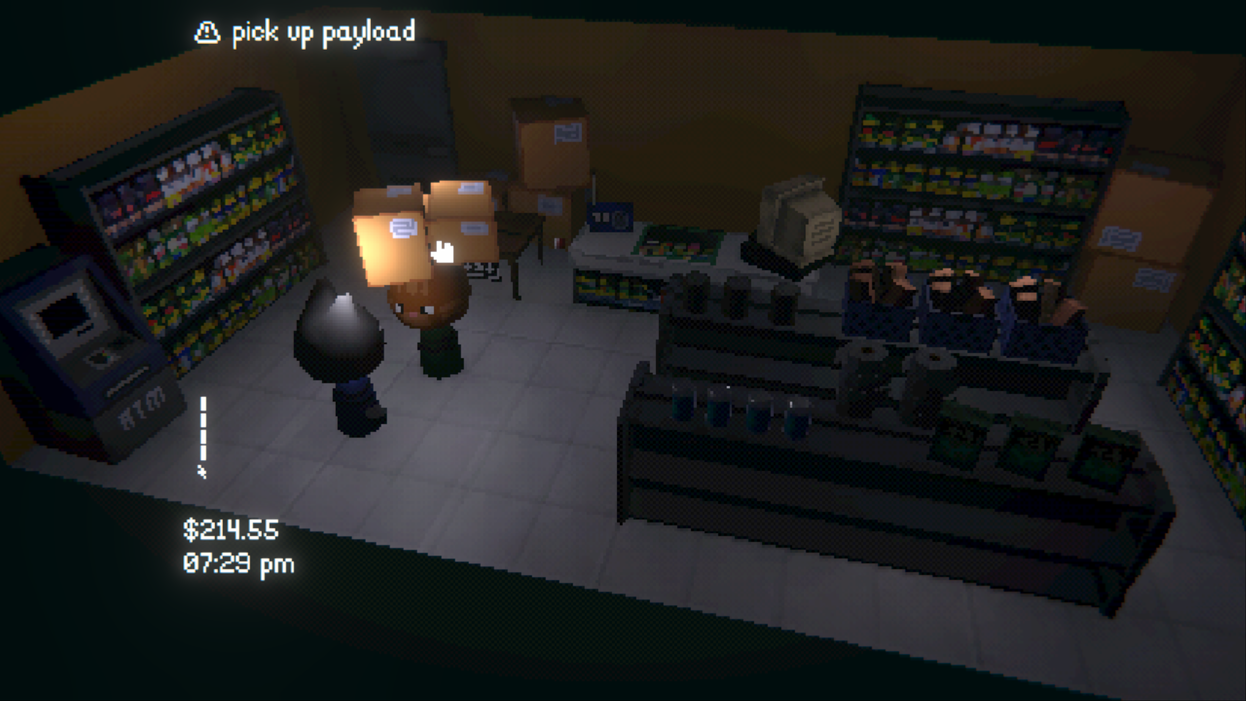 A screenshot of the player character being in a general store to pick up parcels. The parcels are placed on the head of the store owner.