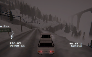 A screenshot of a small white truck driving a snowy road. The whole area shows a lot of snow. At the left side of the road spreads a line of power poles. On the right side a high bridge is barely visible. The area has a lot of trees.
