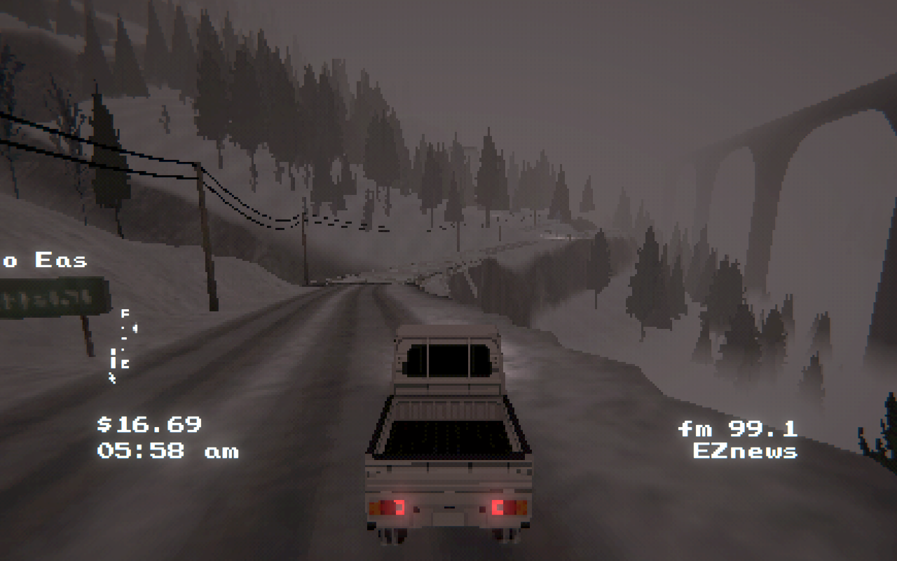 A screenshot of a small white truck driving a snowy road. The whole area shows a lot of snow. At the left side of the road spreads a line of power poles. On the right side a high bridge is barely visible. The area has a lot of trees.