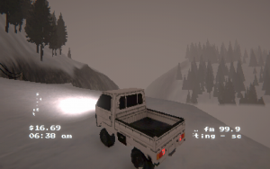 A screenshot of a small white truck standing still at the edge of a higher area. Everything is covered by snow. A lot of trees and fog is seen.