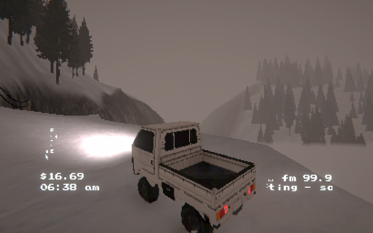 A screenshot of a small white truck standing still at the edge of a higher area. Everything is covered by snow. A lot of trees and fog is seen.