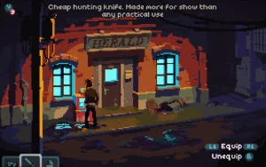 A man standing in front of a newspaper building. The man is looking at his items describing one as "Cheap hunting knife. Made more for show than any practical use."