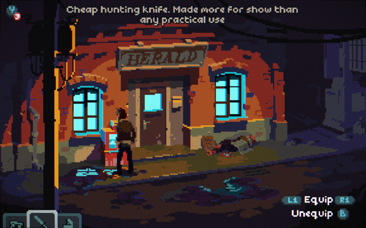 A man standing in front of a newspaper building. The man is looking at his items describing one as "Cheap hunting knife. Made more for show than any practical use."