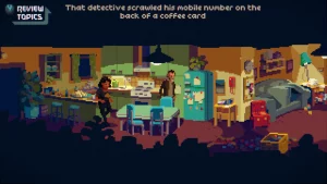 A man and a woman standing in a kitchen. The man is reviewing a topic thinking "That detective scrawled his mobile number on the back of a coffee card."