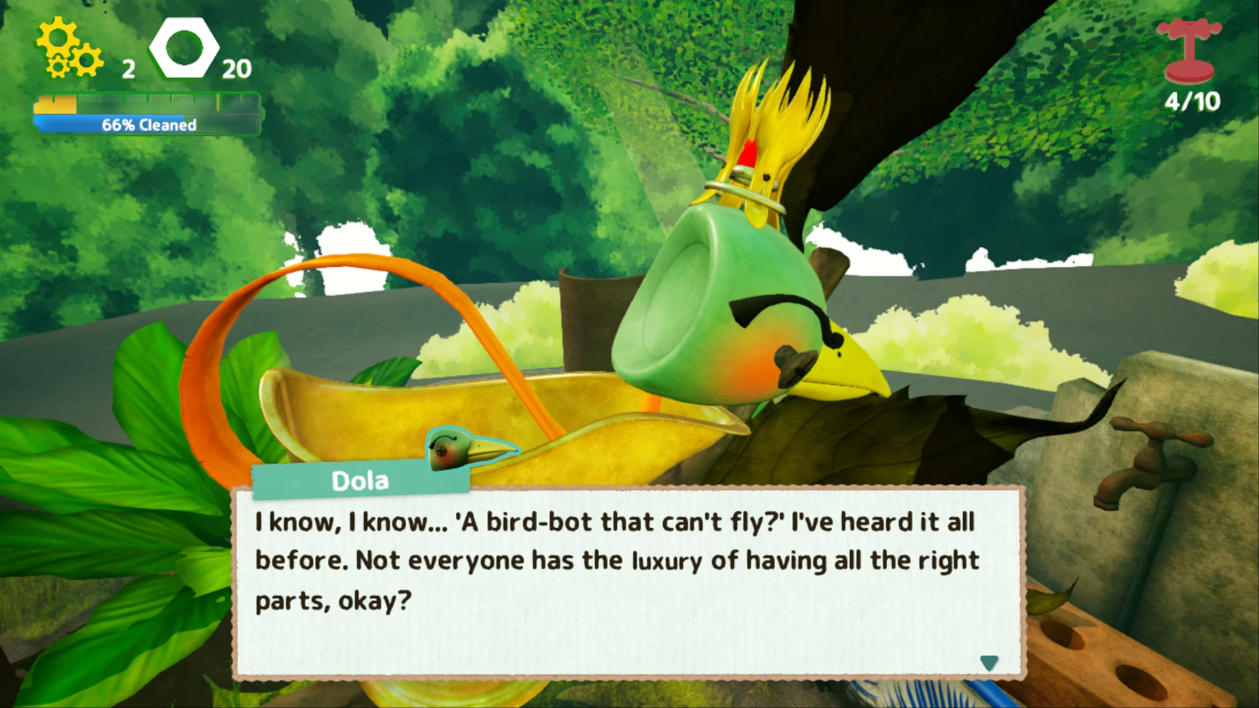 A bird toy called Dola is saying "I know, I know... A bird-bot that can't fly? I've heard it all before. Not everyone has the luxury of having all the right parts, okay?"