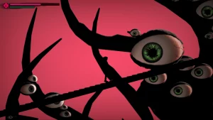 Side perspective of a girl walking up stairs. The background is in a light pink, with big eyeballs looking into the girls direction.