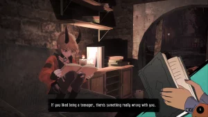 A girl with demonic horns is sitting on a bed while reading a book and thinking "If you liked being a teenager, there's something really wrong with you."