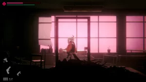 A girl with demonic horns is standing in a school classroom with a gun in her hand.