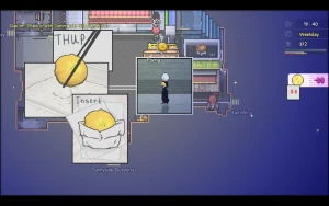 A woman is standing in a city with a bag of food in her hands. Smaller pictures show someone taking out a bun with chopsticks and inserting it into the bag.