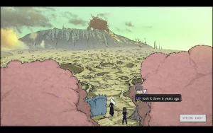 Two people are standing at the entrance of a vast dry land with a huge mountain in the bag. Billy says "Lith took it down 6 years ago."