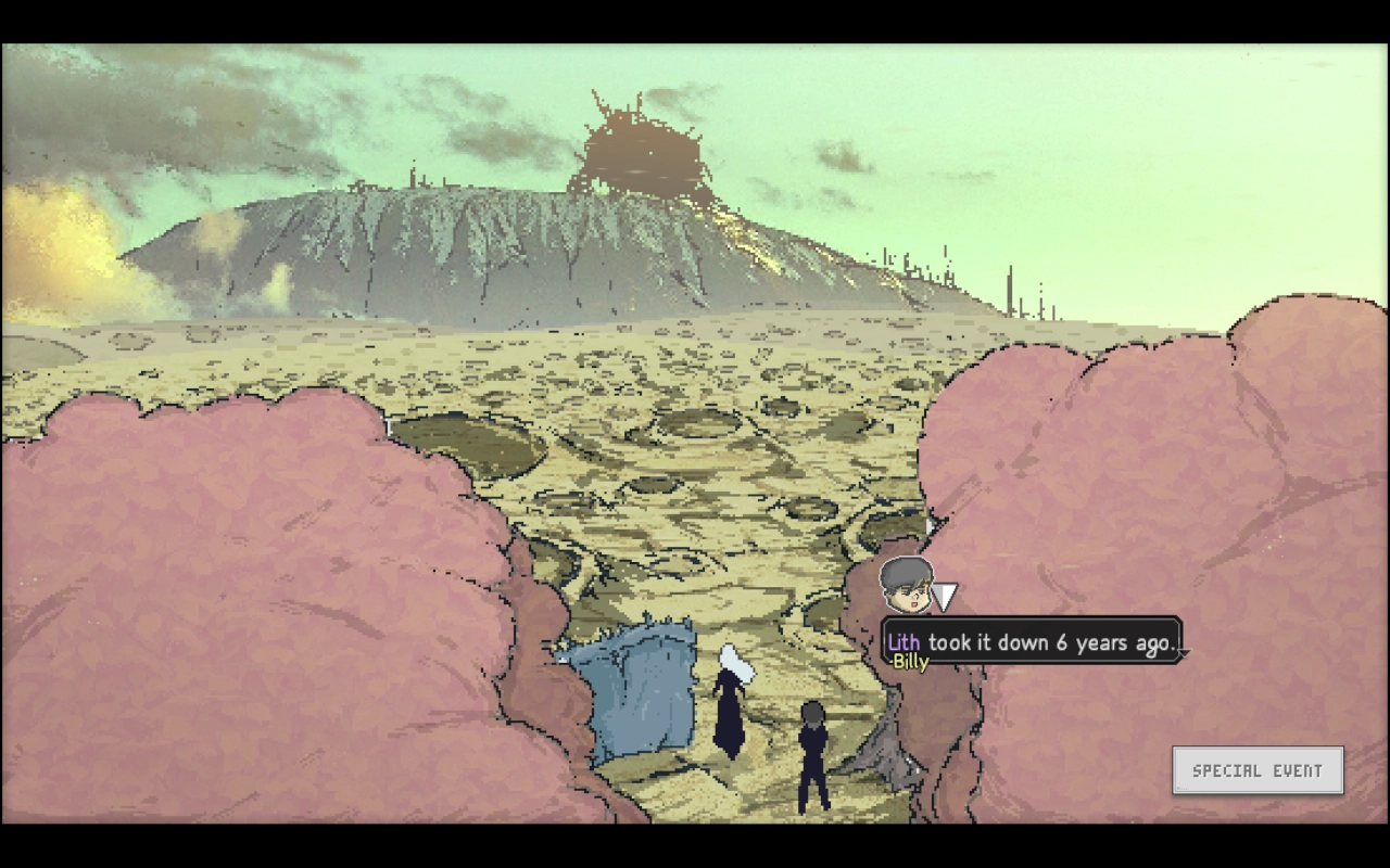 Two people are standing at the entrance of a vast dry land with a huge mountain in the bag. Billy says "Lith took it down 6 years ago."