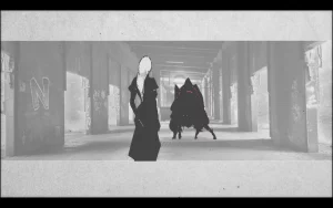 A woman is standing in a high building against a for legged monster.