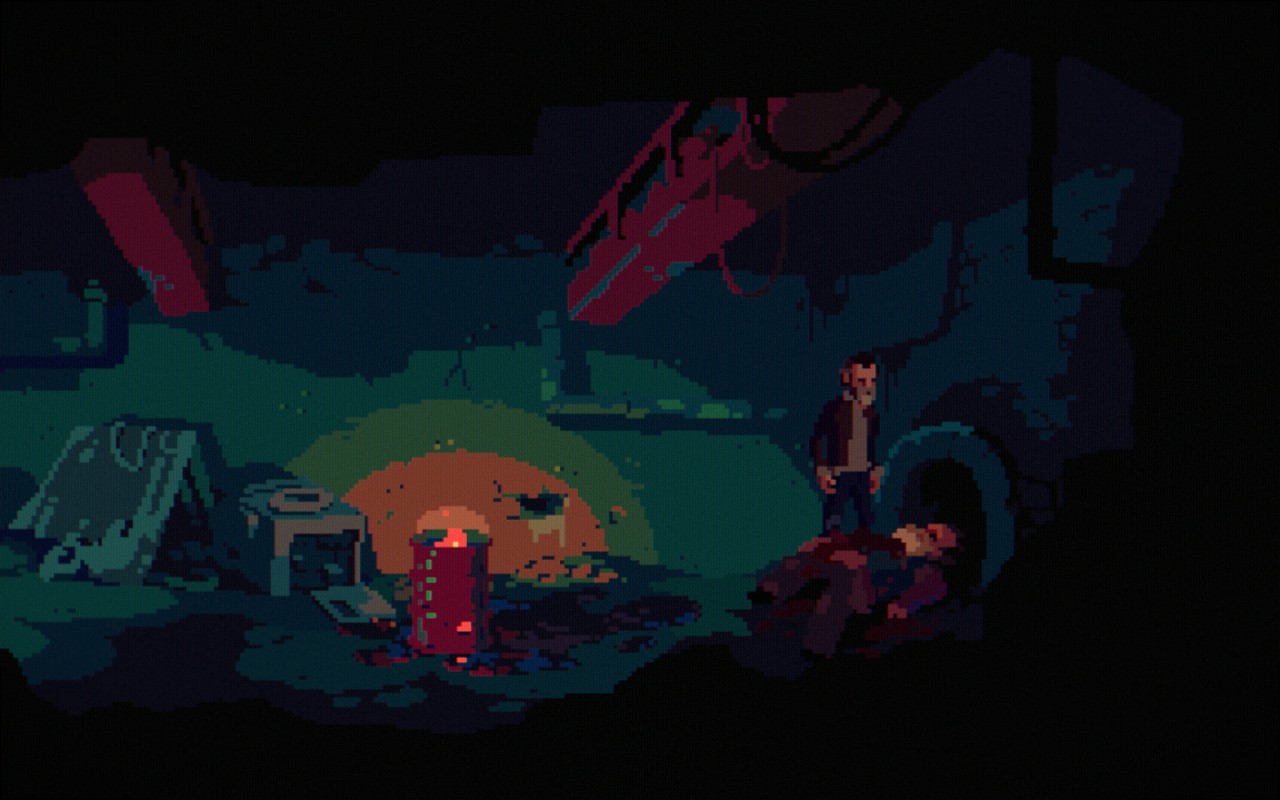 A man standing in a sewer with a dead man on the ground.