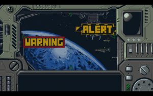 The frame simulates control panels of a spaceship. The middle screen shows the world from space with "Warning" and "Alert" across it.