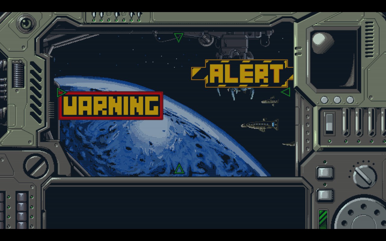 The frame simulates control panels of a spaceship. The middle screen shows the world from space with "Warning" and "Alert" across it.