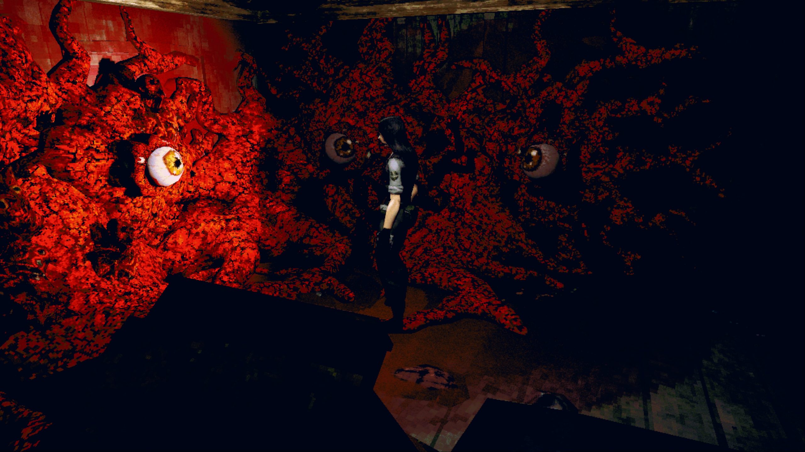 A woman is standing in a room with fleshy walls. Eyeballs inside the flesh are staring at the woman.