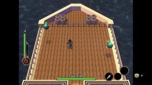 A man is on a ship fighting an enemy called "Two Fish".