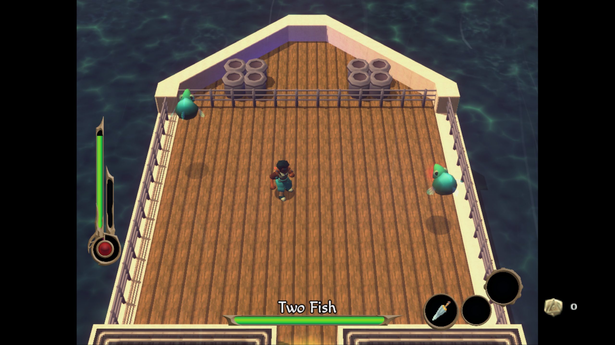 A man is on a ship fighting an enemy called "Two Fish".