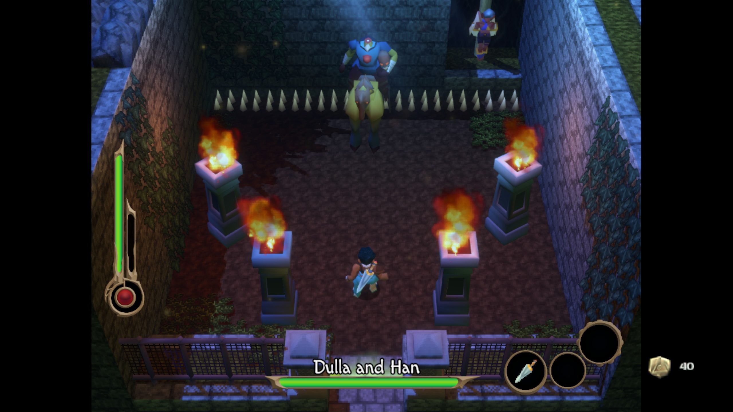 A man is fighting a boss enemy called "Dulla and Hand". Around them are stone walls and fire lit pillars.