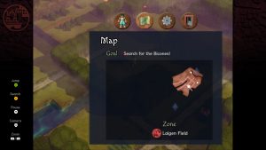The menu shows the map feature with all visited zones and the current goal to search for Bicones.