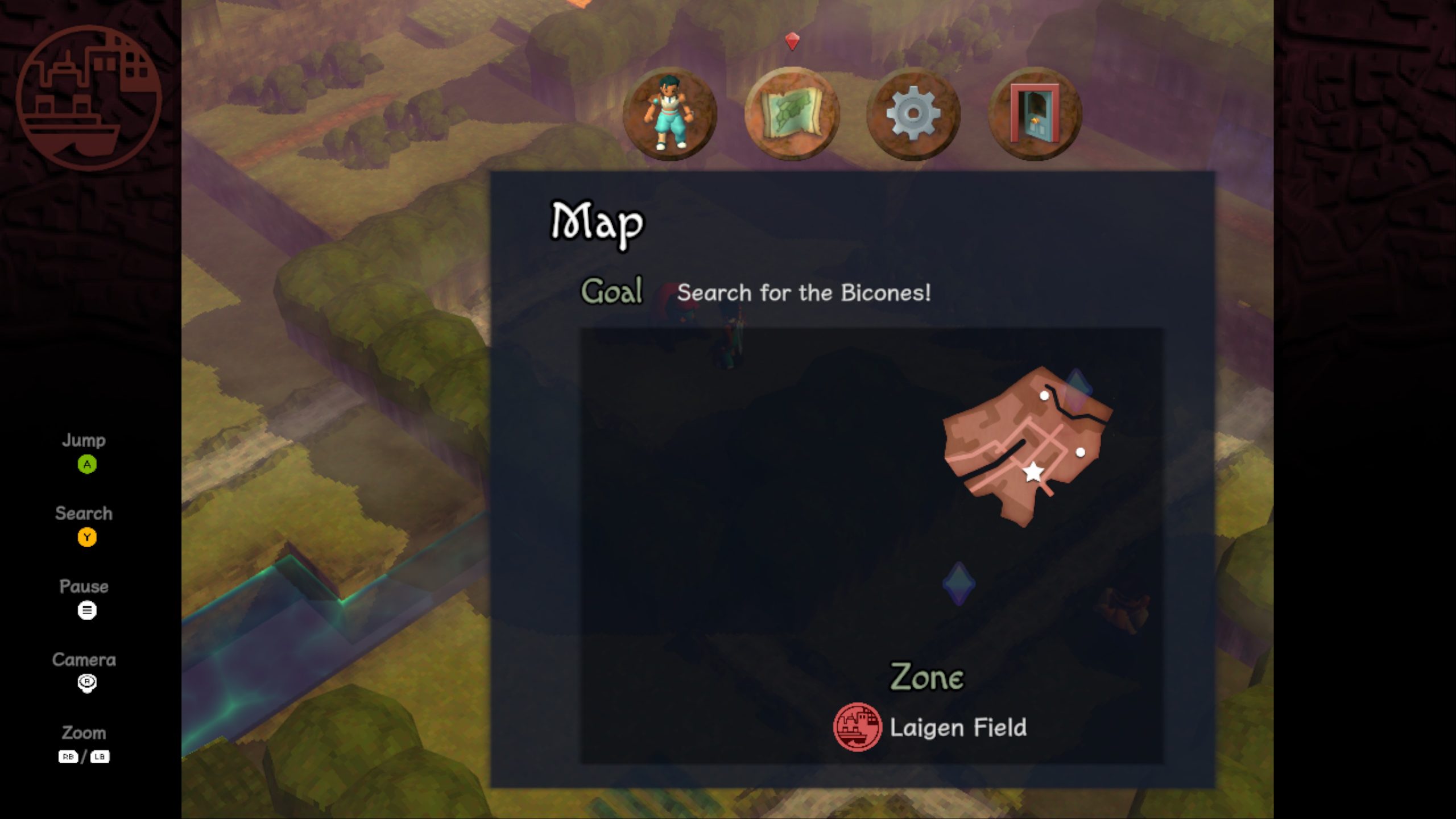 The menu shows the map feature with all visited zones and the current goal to search for Bicones.