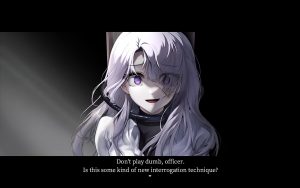 A light lavendar haired woman is tied to a wooden pillar. With a crooked smile she says "Don't play dumb, officer. Is this some kind of new interrogation technique?"
