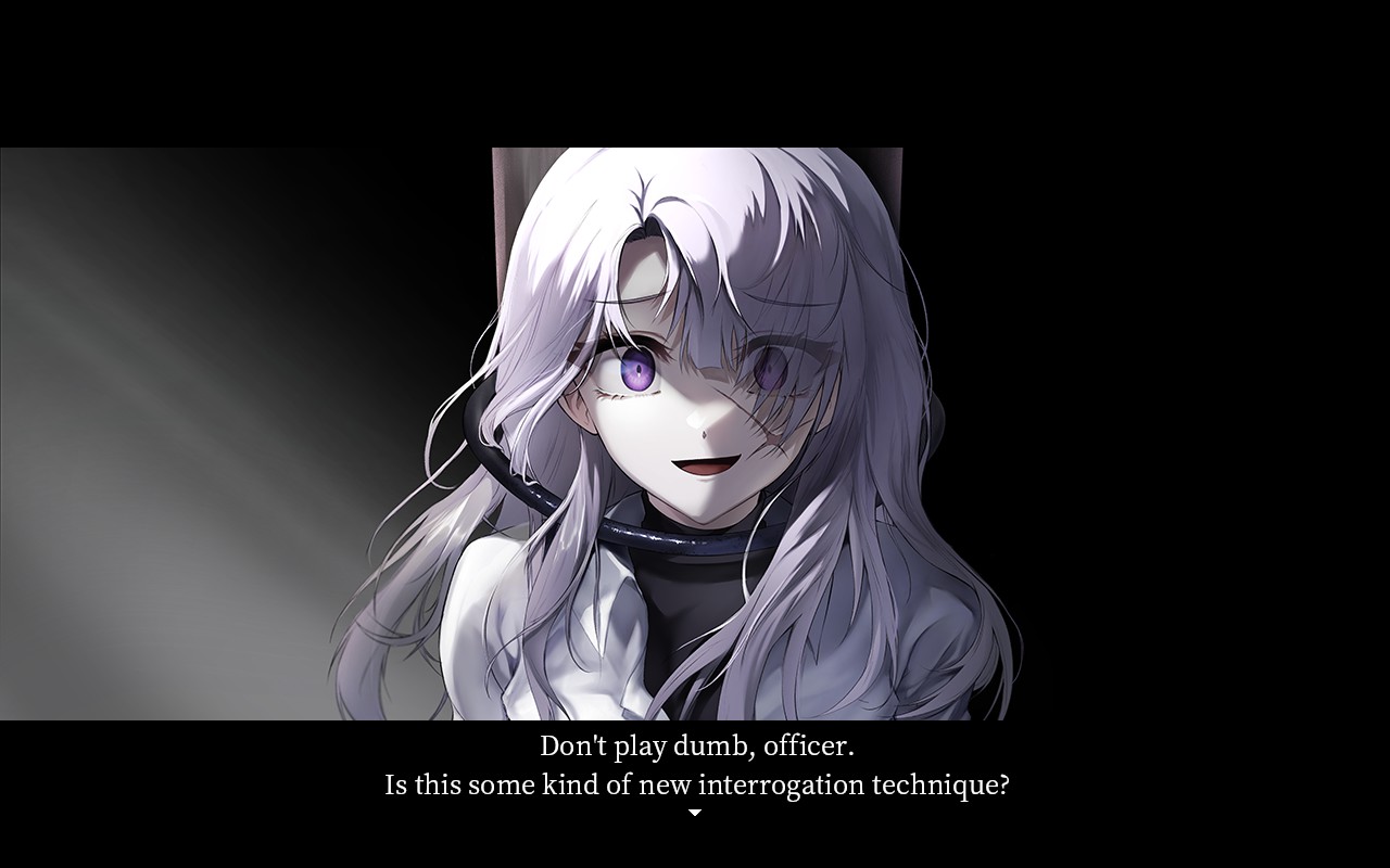 A light lavendar haired woman is tied to a wooden pillar. With a crooked smile she says "Don't play dumb, officer. Is this some kind of new interrogation technique?"