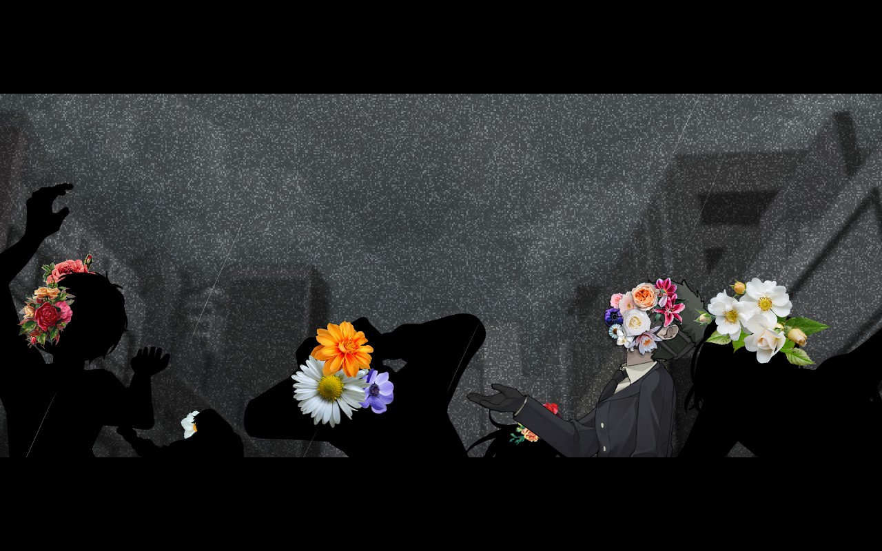 Black silhouettes with flower on their faces are struggling through pain. A coloured man with flowers on his face is looking towards the sky.