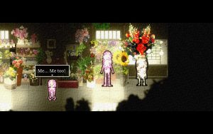 Three bright silhouettes in a flower shop. Two of them are children; the smaller one says "Me...Me too!"