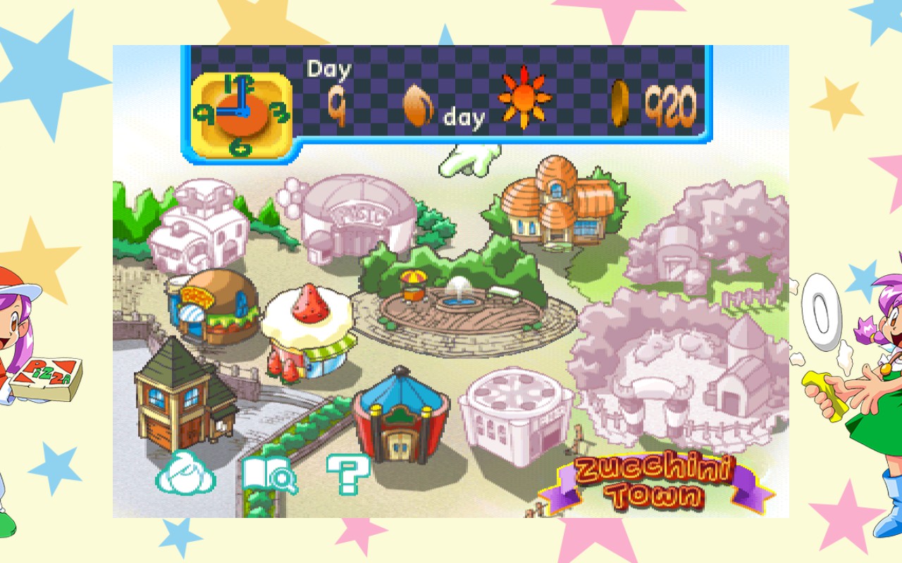 he towns map of Zucchini Town showing different locations for mini games like the bakery or burger place.