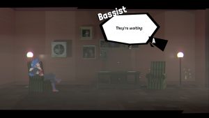 A girl is sitting in a rather dull room with the bassist telling her "They're waiting."