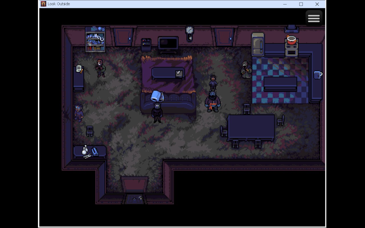 A big living room with a kitchen. Several people are standing in it.