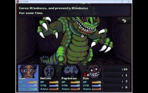 4 people are fighting against a monster in a raptor suit. Sam is using the command to cure and prevent blindness. 