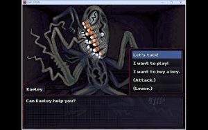 A grotesque monster. They ask "Can Kaeley help you?"; the dialog choices vary between "Let's talk!", "I want to buy a key.", Attack, and Leave.