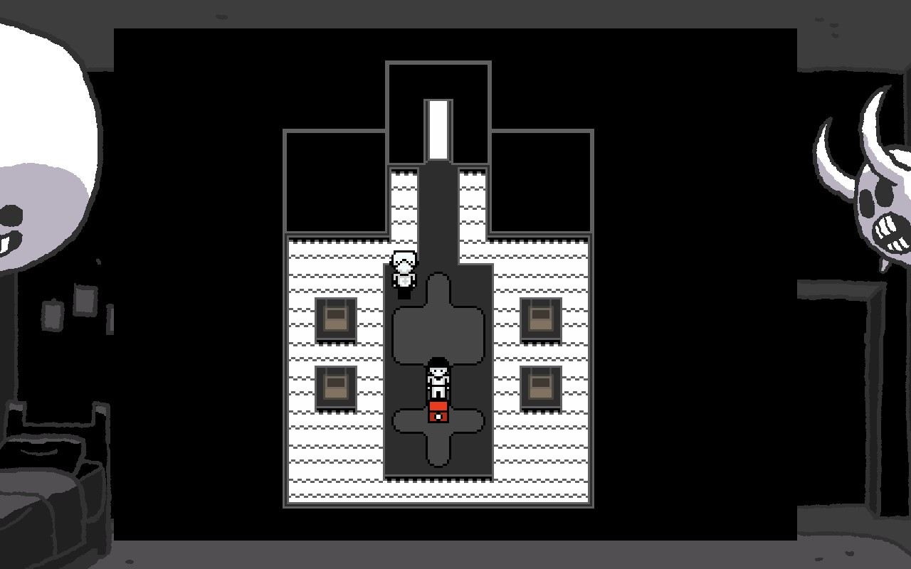 Two people are standing in a monochromatic place with water and cubes. One of the cubes is red.