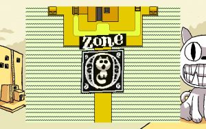 A yellow place with lots of water. In the middle is a logo saying "Zone 0".