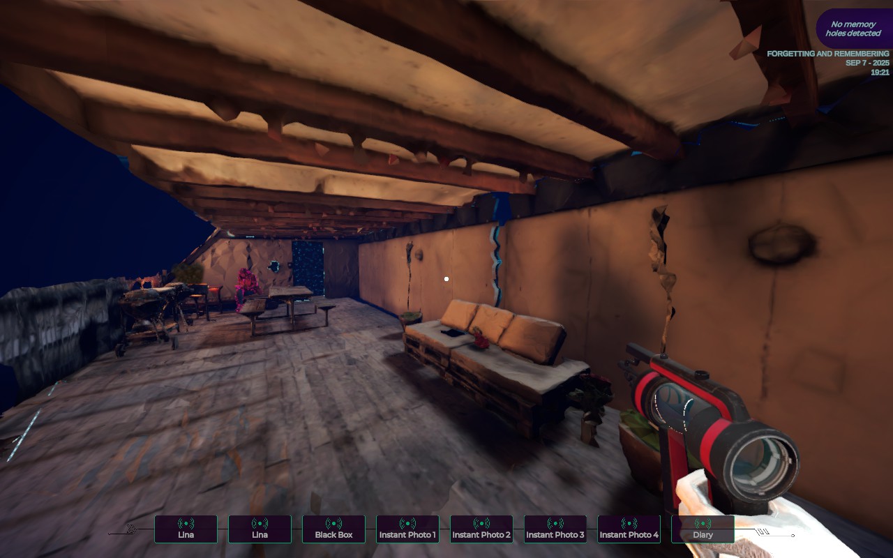 Part of a living space; a device is pointed at the couch. At the bottom are different themes like "Lina", "Instant Photo 1" and "Diary".