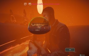 A woman and a man are sitting next to each other. In from of them is a small bubble with a living space inside. The text "Hold LT and RT to safely shut down Dive."