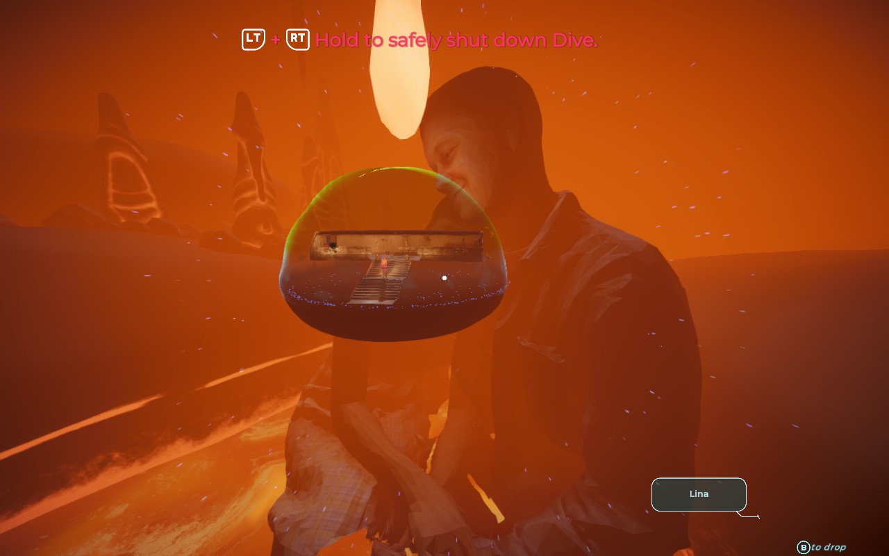 A woman and a man are sitting next to each other. In from of them is a small bubble with a living space inside. The text "Hold LT and RT to safely shut down Dive."