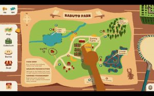 A map showing four locations: Calm lake, Sunny farm, Pine forest and Crawler Swamp. A hand is pointing at the farm.