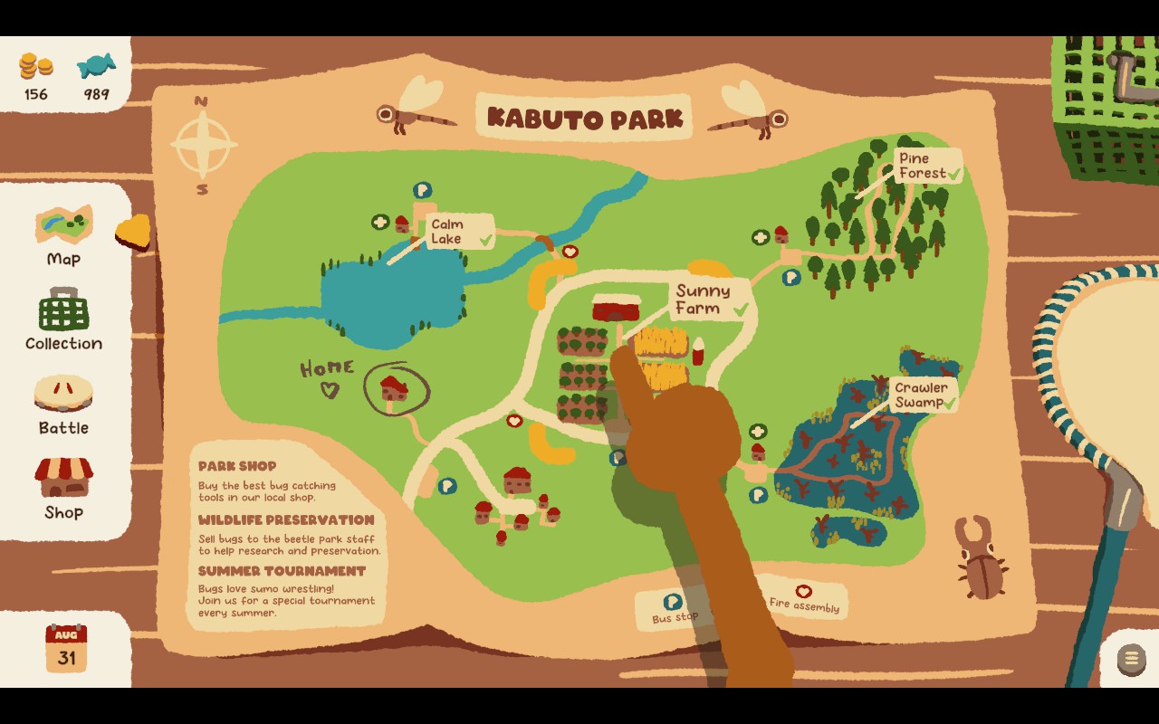 A map showing four locations: Calm lake, Sunny farm, Pine forest and Crawler Swamp. A hand is pointing at the farm.