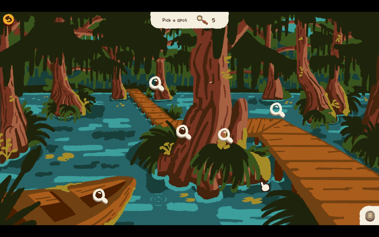 A swamp with multiple magnifying glasses show insect-hunting spots.