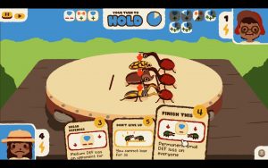 Two group of bugs with 3 each are fighting each other. 3 cards are displayed with supporting stats like defense boost.