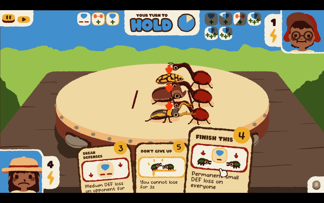 Two group of bugs with 3 each are fighting each other. 3 cards are displayed with supporting stats like defense boost.